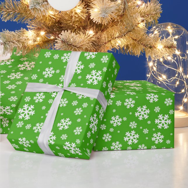 White Snowflakes on Green Winter Pattern Wrapping Paper (Holidays)