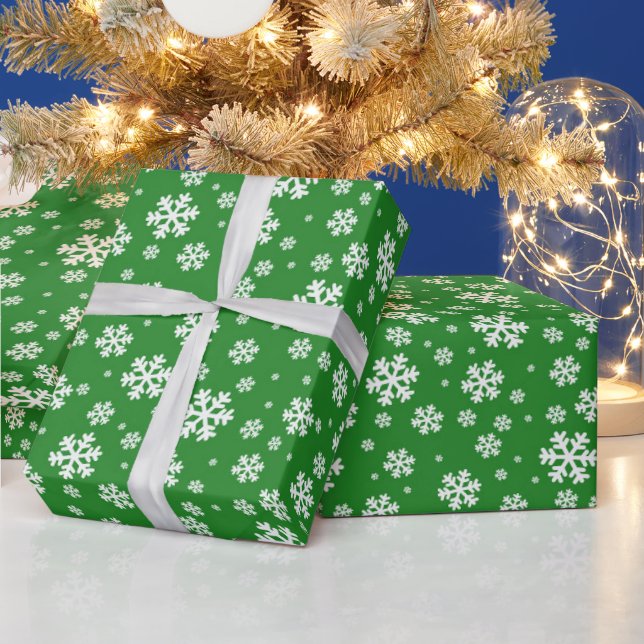 White Snowflakes on green Winter Pattern Wrapping Paper (Holidays)