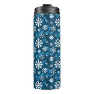 White Snowflakes On Icy Blue Winter Background Thermal Tumbler