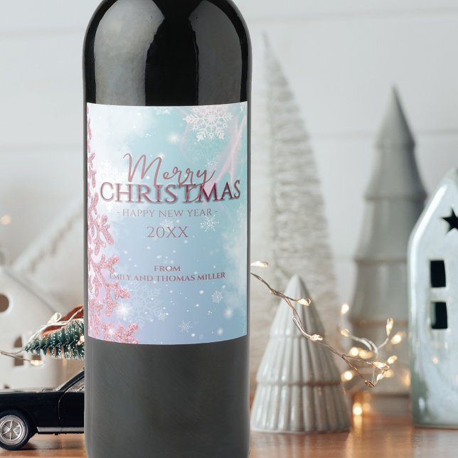 White Snowflakes on Light Blue Winter Christmas Wine Label (Creator Uploaded)
