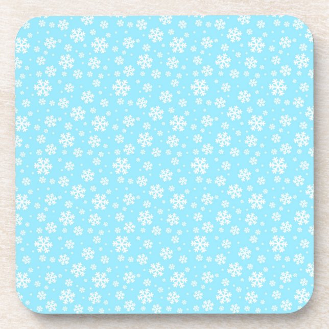 White Snowflakes on Light Blue Winter Pattern Coaster (Front)