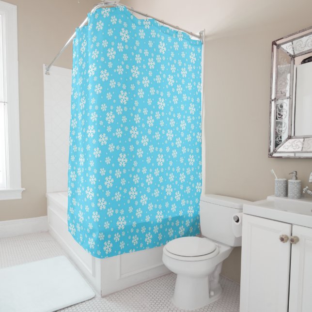 White Snowflakes on Light Blue Winter Pattern Shower Curtain (In Situ)