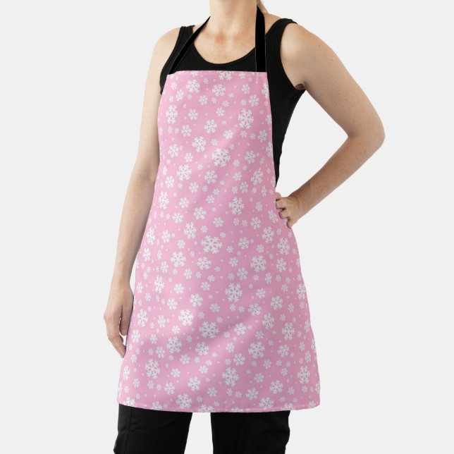 White Snowflakes on Light Pink Winter Pattern Apron (Insitu)