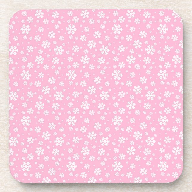 White Snowflakes on Light Pink Winter Pattern Coaster (Front)
