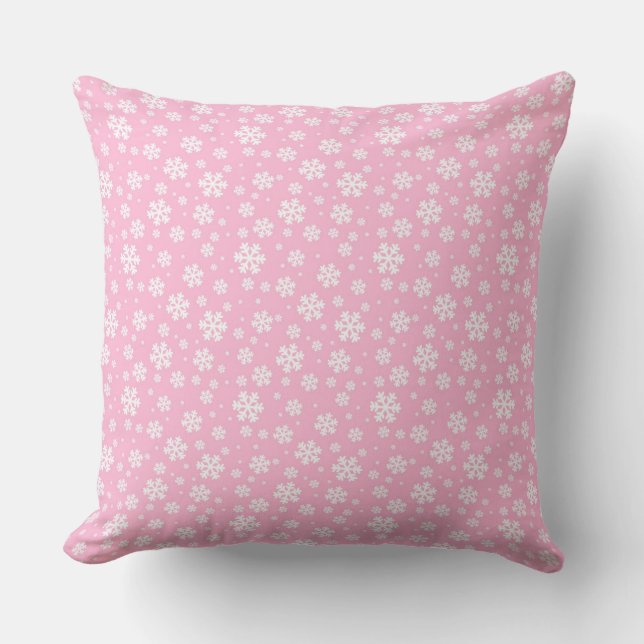 White Snowflakes on Light Pink Winter Pattern Cushion (Front)