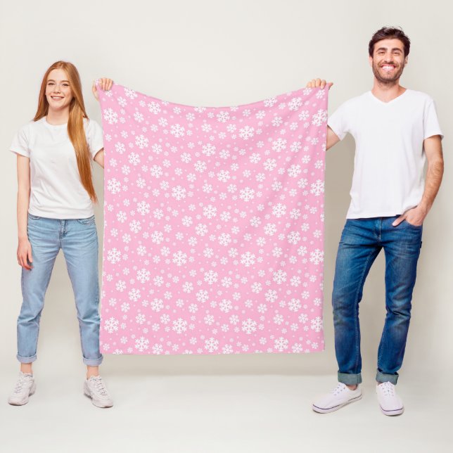 White Snowflakes on Light Pink Winter Pattern Fleece Blanket (In Situ)