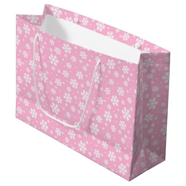 White Snowflakes on Light Pink Winter Pattern Large Gift Bag (Front Angled)