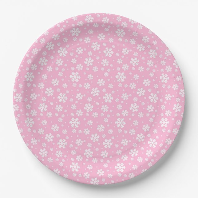 White Snowflakes on Light Pink Winter Pattern Paper Plate (Front)
