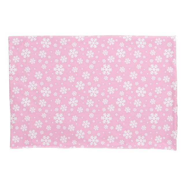 White Snowflakes on Light Pink Winter Pattern Pillowcase (Front)