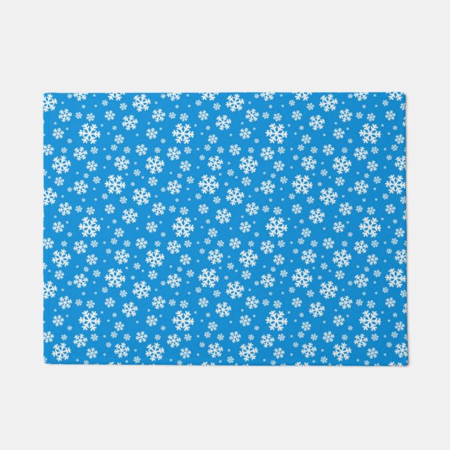 White Snowflakes on Mid Blue Winter Pattern Doormat (Front)