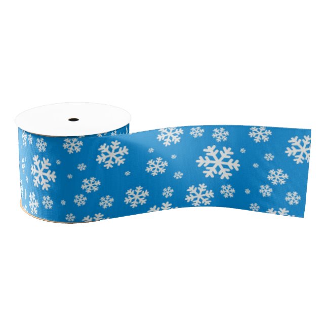White Snowflakes on Mid Blue Winter Pattern Grosgrain Ribbon (Spool)