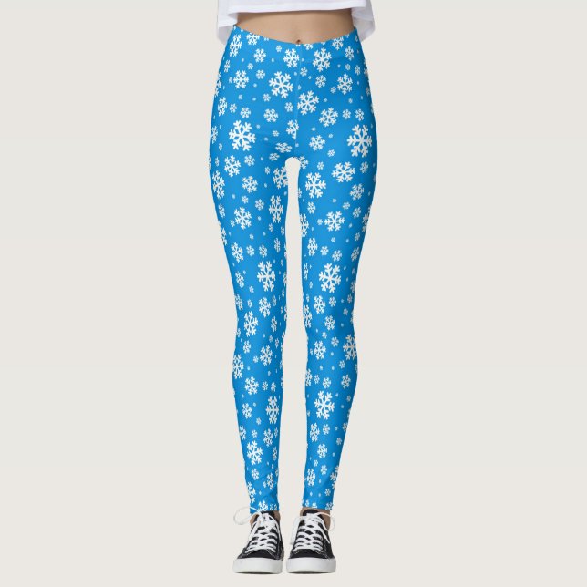 White Snowflakes on Mid Blue Winter Pattern Leggings (Front)