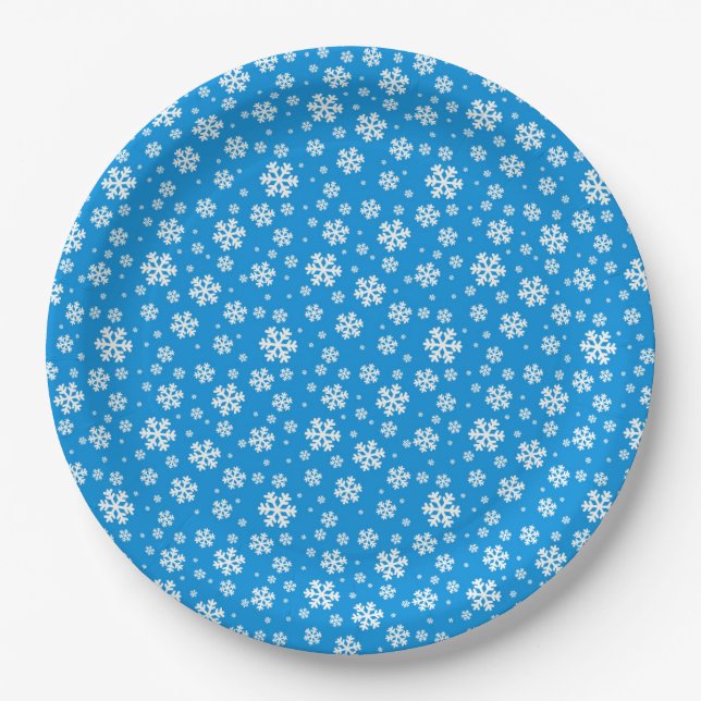 White Snowflakes on Mid Blue Winter Pattern Paper Plate (Front)