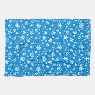 White Snowflakes on Mid Blue Winter Pattern Tea Towel