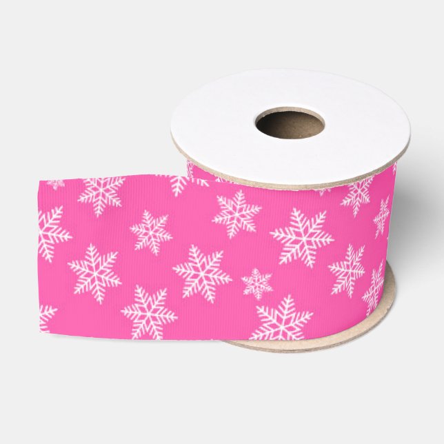 White Snowflakes on Pink Winter Pattern Grosgrain Ribbon (Spool)