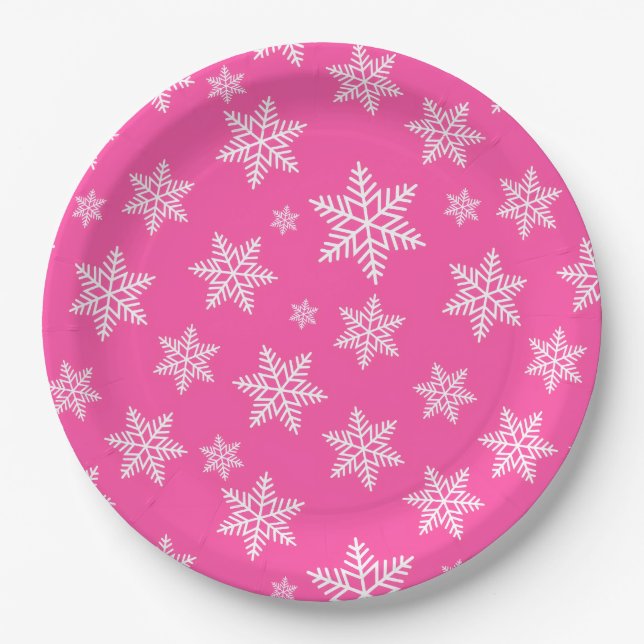 White Snowflakes on Pink Winter Pattern Paper Plate (Front)