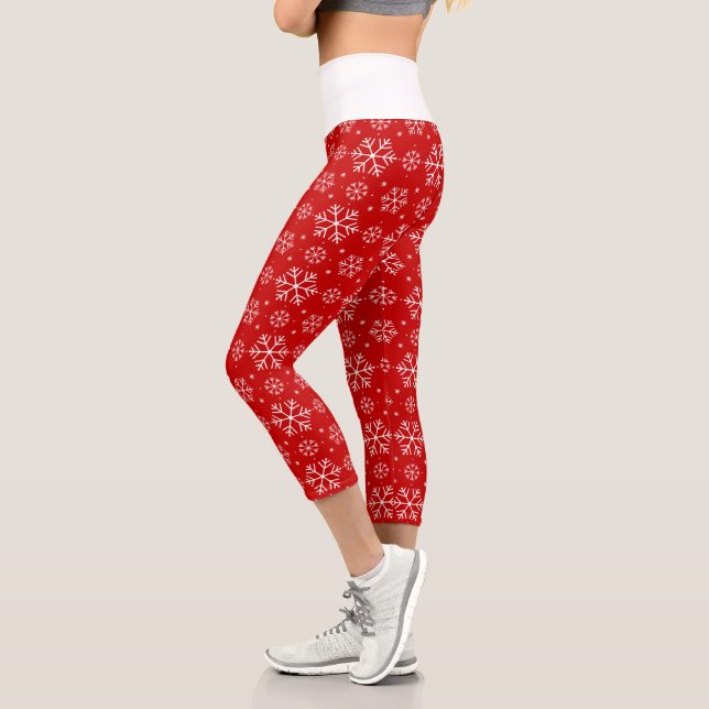 White Snowflakes on Red Background Christmas Capri Leggings (Left)