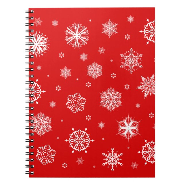 White snowflakes on red background notebook (Front)
