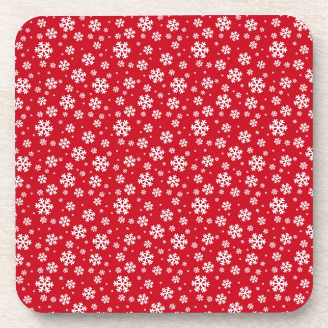 White Snowflakes on red Winter Pattern Coaster (Front)