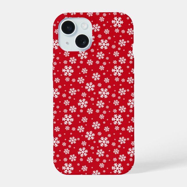 White Snowflakes on red Winter Pattern iPhone 15 Case (Back)