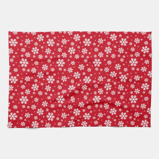 White Snowflakes on red Winter Pattern Tea Towel (Horizontal)