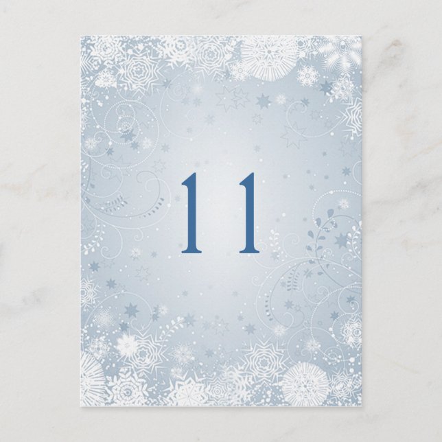White snowflakes on silver blue Table Number Postcard (Front)