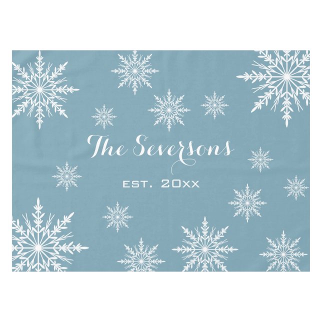 White Snowflakes on Slate Blue Winter Holiday Tablecloth (Front (Horizontal))