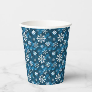 White Snowflakes Pattern On Winter Blue Background Paper Cups