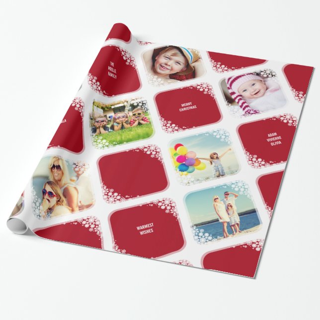 White Snowflakes Photo Collage Christmas Gift Wrap (Unrolled)