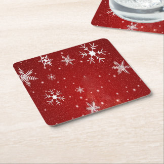 White Snowflakes Red Background Paper Coasters