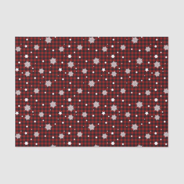 White Snowflakes Red Black Buffalo Plaid Christmas Tissue Paper (Front)
