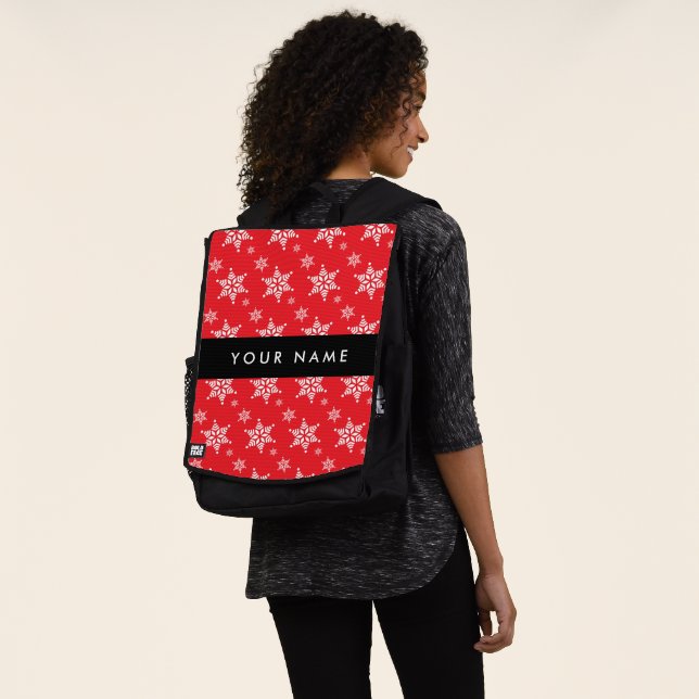 White Snowflakes, Red, Your name, Personalise Backpack (Worn)