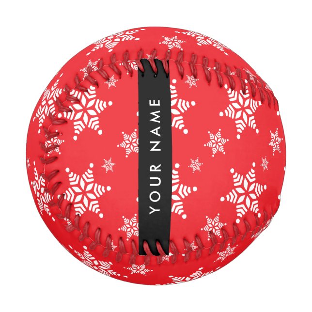 White Snowflakes, Red, Your name, Personalise Baseball (Front Left)