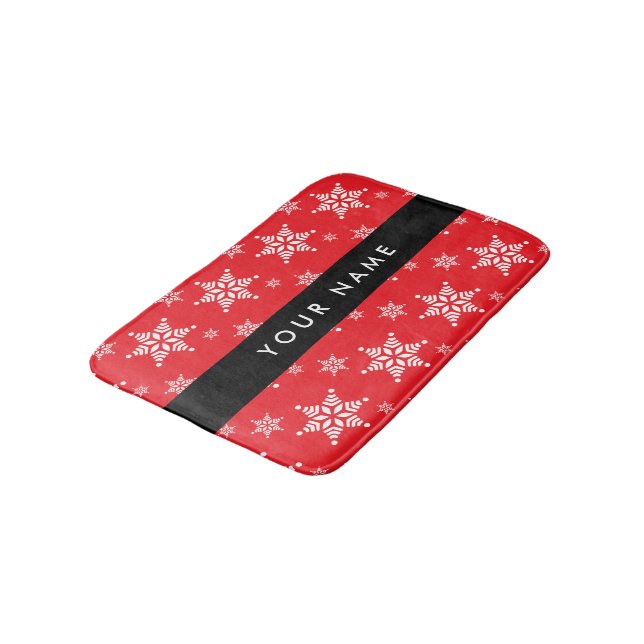 White Snowflakes, Red, Your name, Personalise Bath Mat (Angled)