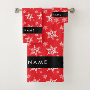White Snowflakes, Red, Your name, Personalise Bath Towel Set
