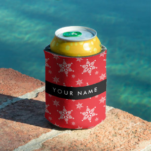 White Snowflakes, Red, Your name, Personalise Can Cooler