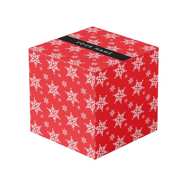 White Snowflakes, Red, Your name, Personalise Cube (Front Angled)