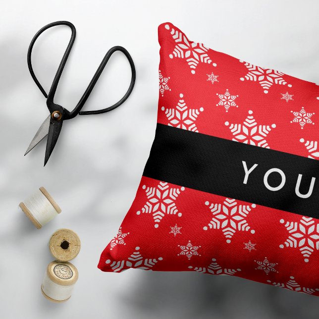 White Snowflakes, Red, Your name, Personalise Decorative Cushion (Creator Uploaded)