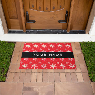 White Snowflakes, Red, Your name, Personalise Doormat