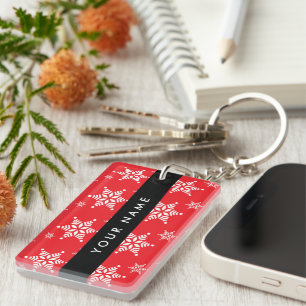 White Snowflakes, Red, Your name, Personalise Key Ring