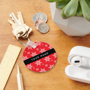 White Snowflakes, Red, Your name, Personalise Key Ring