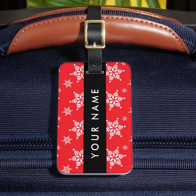 White Snowflakes, Red, Your name, Personalise Luggage Tag (Front Insitu 2)