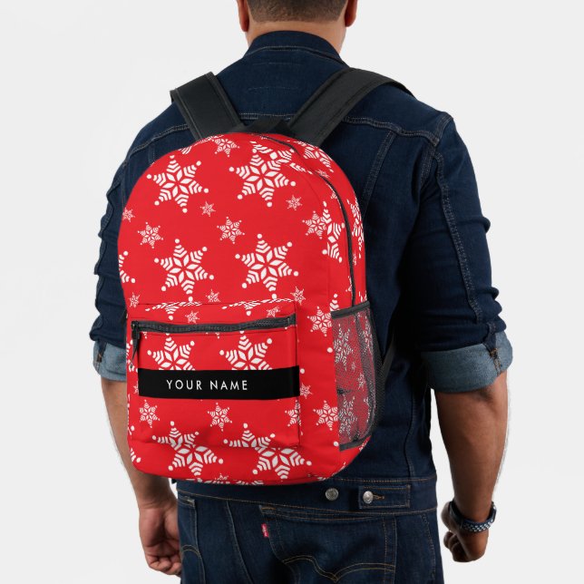 White Snowflakes, Red, Your name, Personalise Printed Backpack (Insitu (Model))