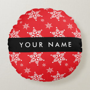 White Snowflakes, Red, Your name, Personalise Round Cushion