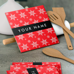 White Snowflakes, Red, Your name, Personalise Tile