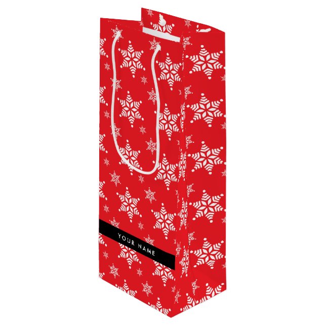 White Snowflakes, Red, Your name, Personalise Wine Gift Bag (Front Angled)