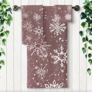 White Snowflakes Rose Pink Bath Towel Set
