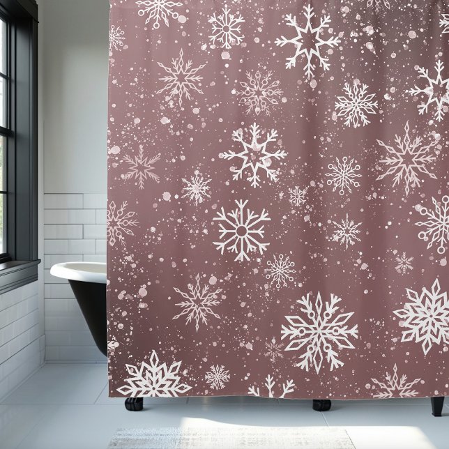 White Snowflakes Rose Pink Shower Curtain (Creator Uploaded)