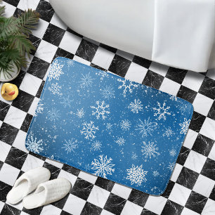 White Snowflakes Sapphire Blue Bath Mat