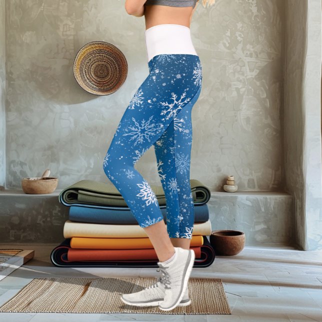 White Snowflakes Sapphire Blue Capri Leggings (Creator Uploaded)